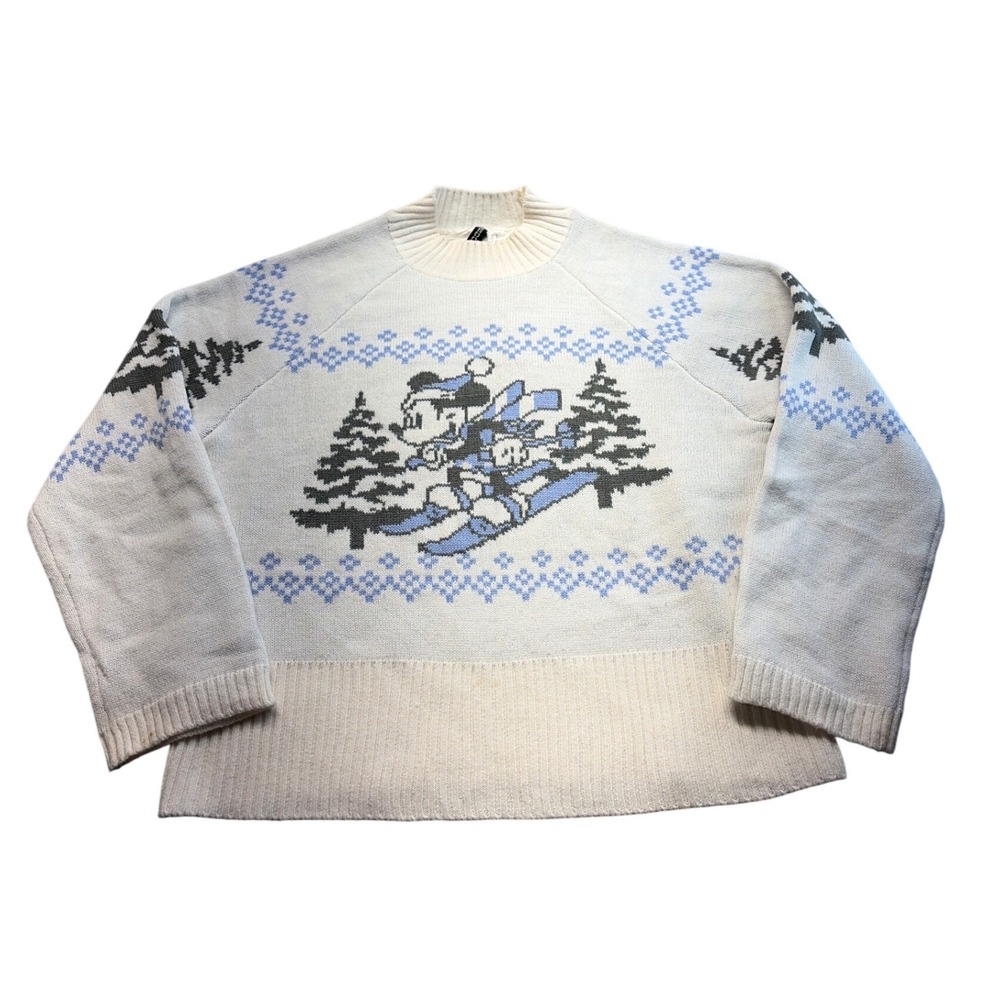 H&M Divided Disney Mickey Mouse Skiing Fair Isle Mock Neck Sweater Cream Mens‎ M